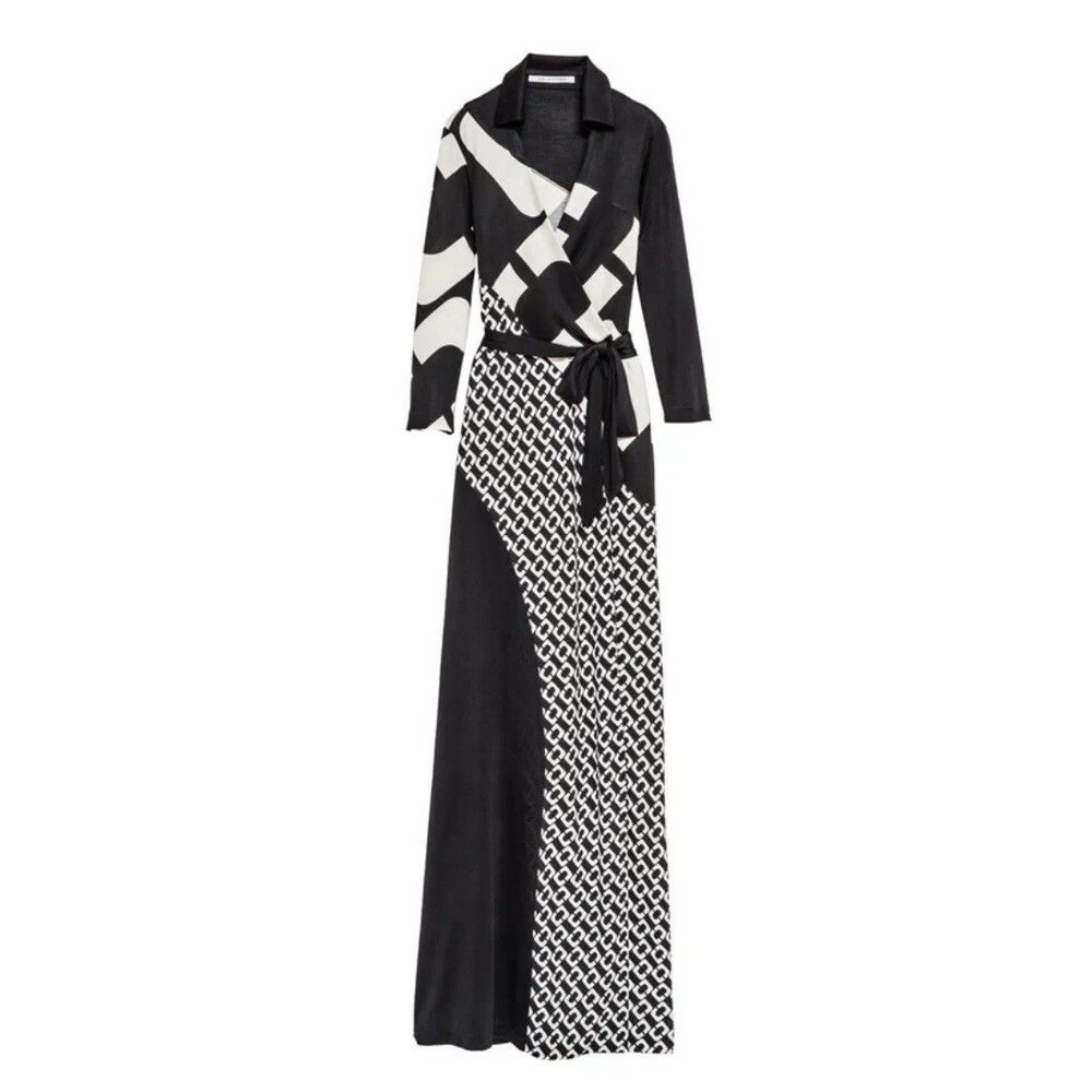 DVF Diane von Furstenberg Chain Link Silk Wrap Maxi Dress Black White Size 0